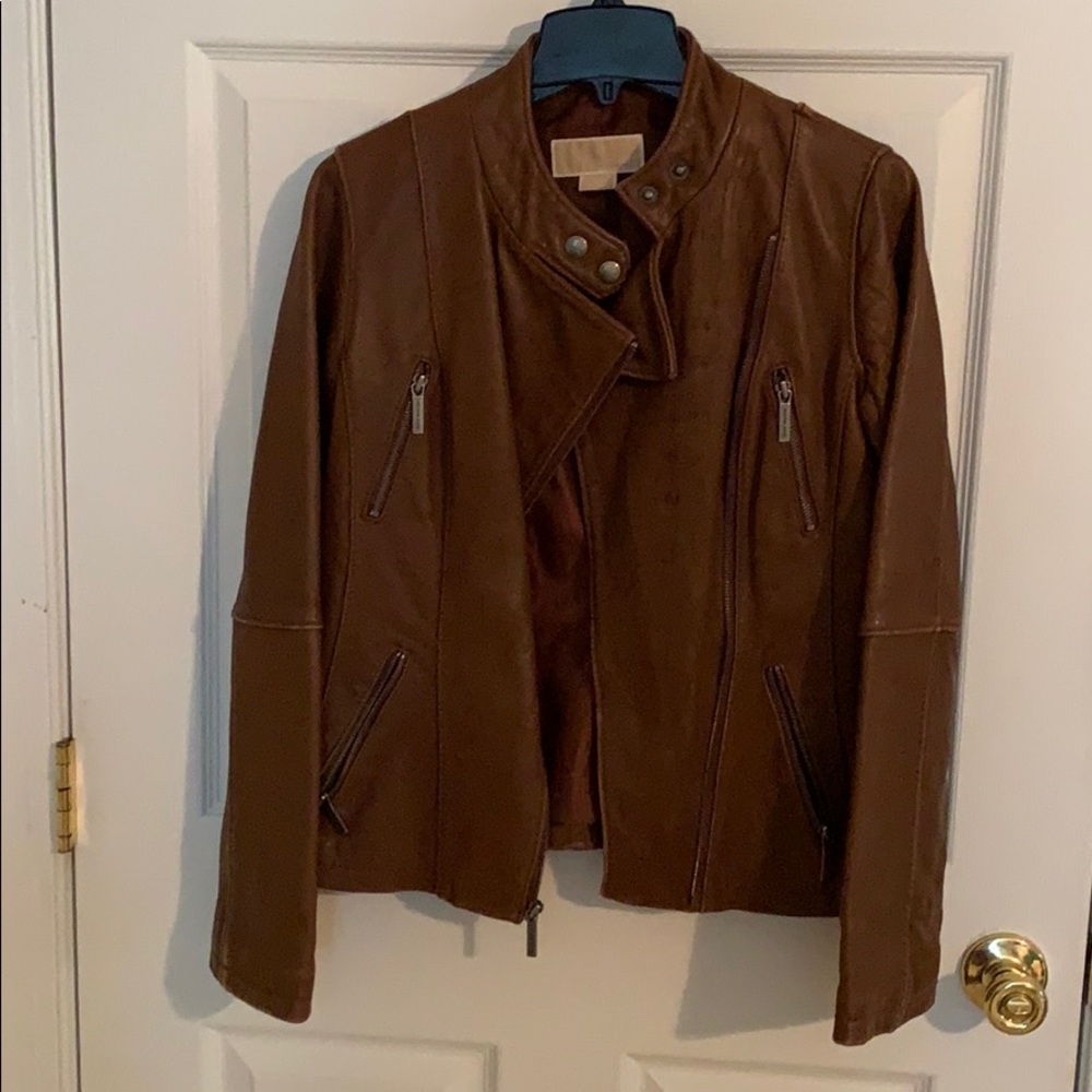 Michael Kors Brown Luggage Leather Moto Jacket Med